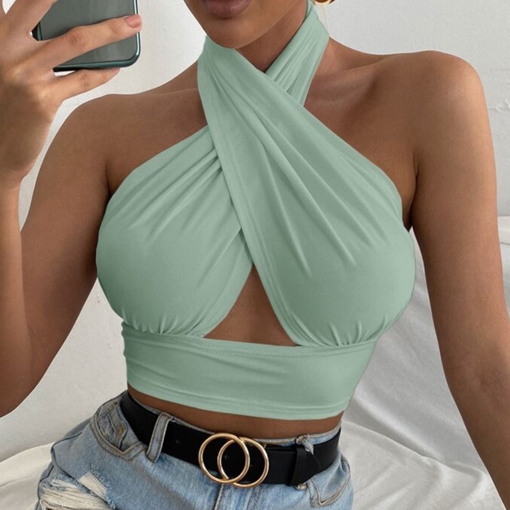Boho White Ruffle Wrap Halter Crop Top - Picture 4 of 11